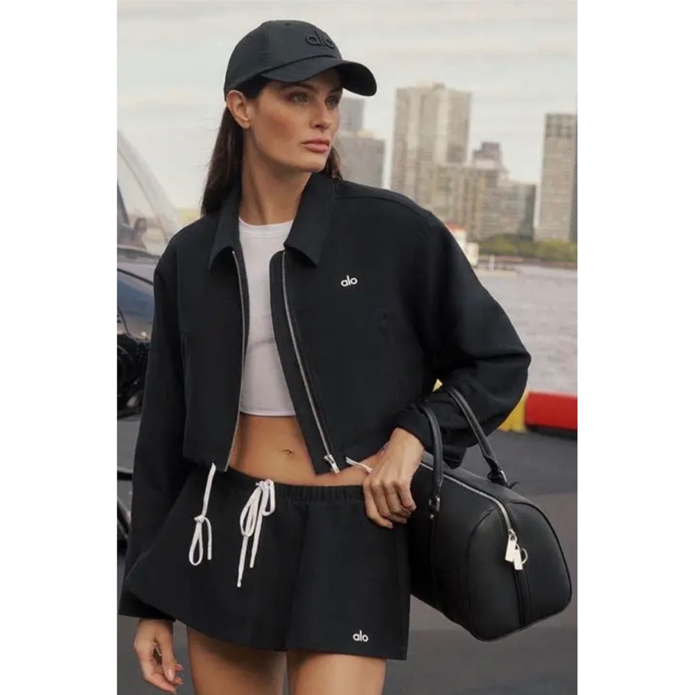 Alo Yoga Cropped Fan Favorite Workwear Jacket Black Full Zip Cotton Blend S